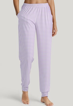Paarse en witte ruitjes pyjamabroek met een elastische tailleband, zijzakken en taps toelopende boorden bij de enkels. Zacht, lichtgewicht materiaal.