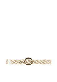 Cintura intrecciata bianca e dorata con una fibbia metallica rotonda. Presenta un design intrecciato con accenti metallici e tessuto testurizzato.