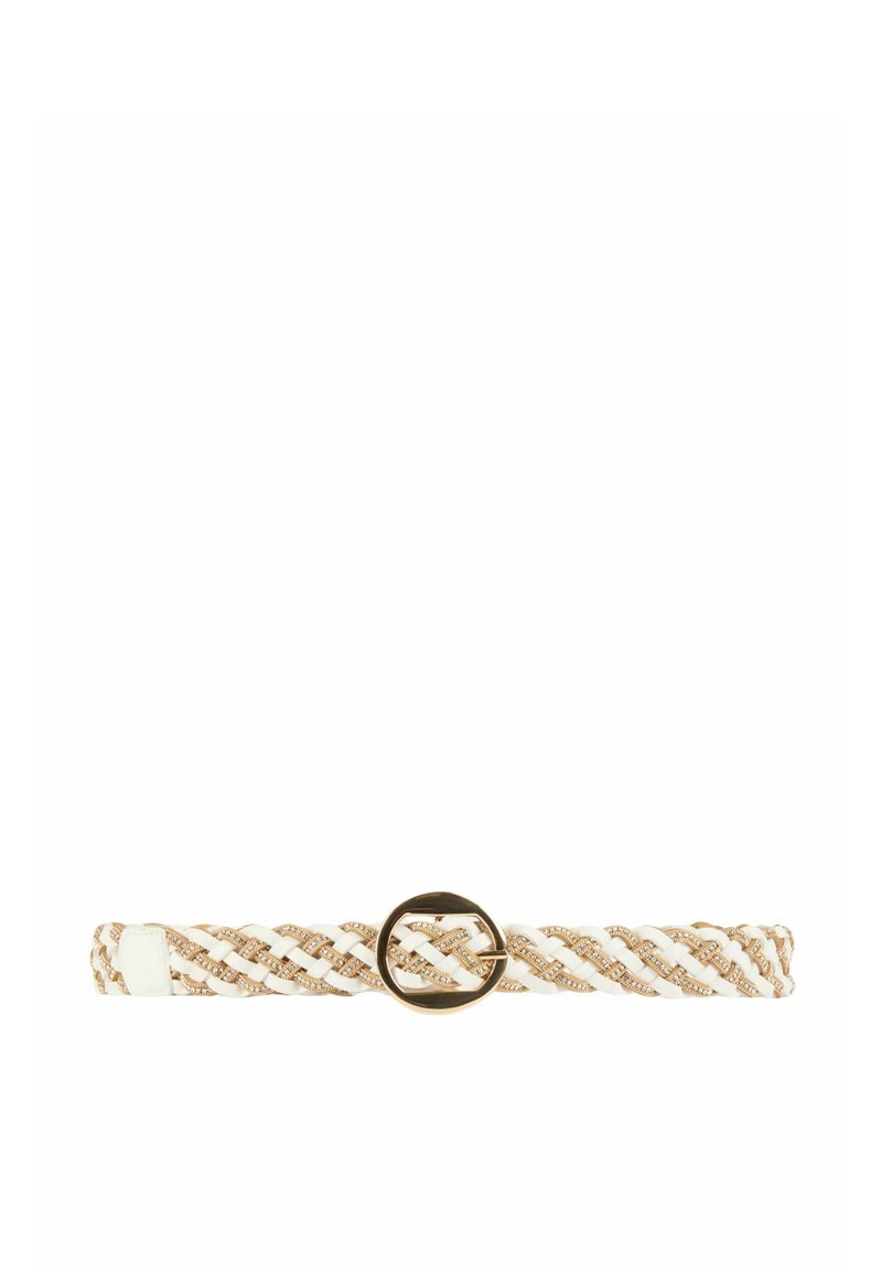 Cintura intrecciata bianca e dorata con una fibbia metallica rotonda. Presenta un design intrecciato con accenti metallici e tessuto testurizzato.
