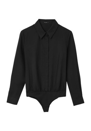 Un body noir à manches longues avec un col, une fermeture à boutons et un corsage ajusté. Fabriqué en tissu lisse avec une coupe près du corps à la taille.