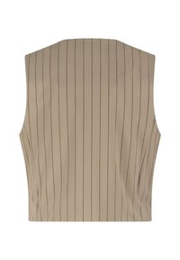 Mouwloos beige vest met dunne verticale zwarte streepjes, eenvoudige snit, getoond vanuit de achterkant op een witte achtergrond.