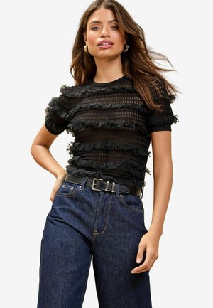 Lipsy POINTELLE STITCH RUFFLE FRILL SHORT SLEEVE CREW NECK  - Print T-shirt - black