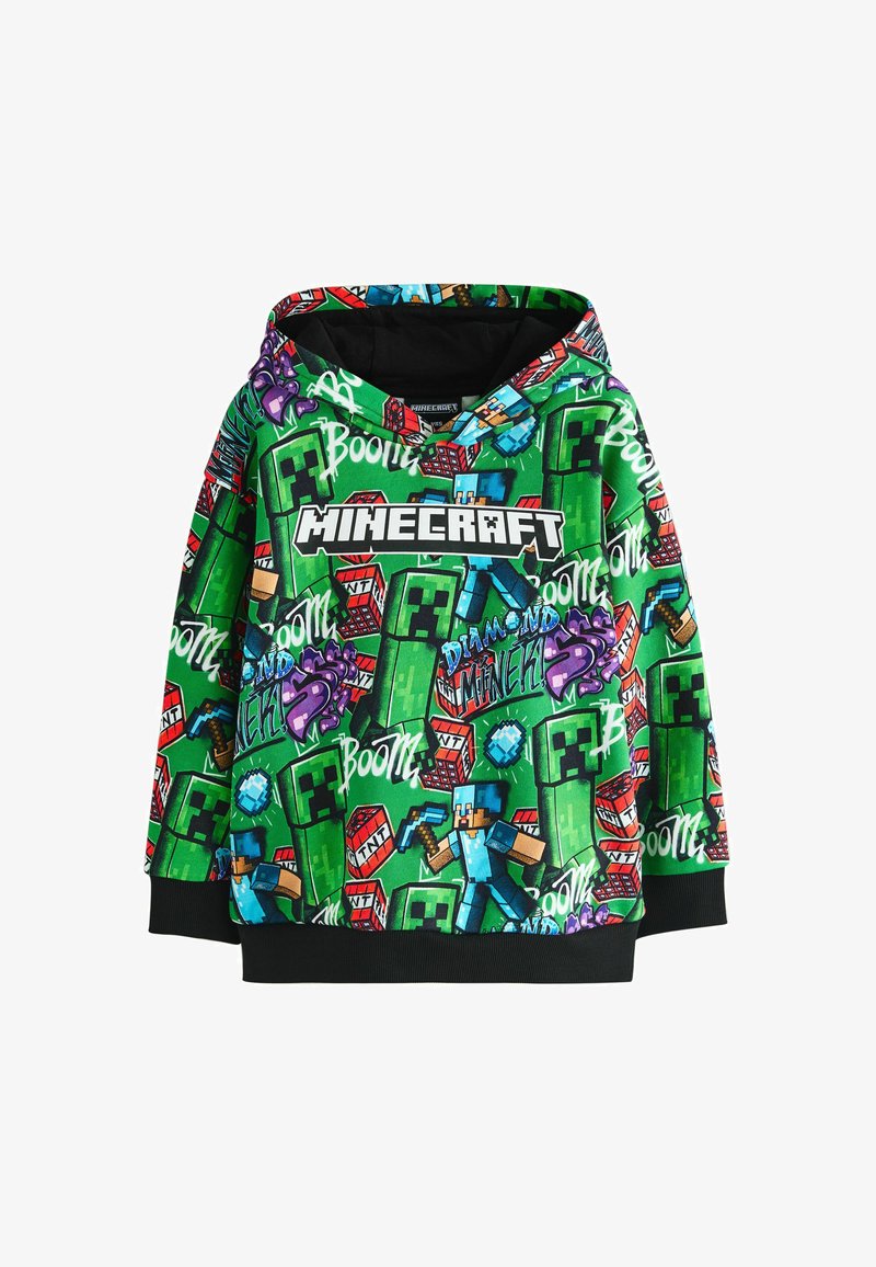 Sweat à capuche Minecraft vert avec des personnages pixelisés, des Creepers, des blocs de TNT, des pioches et des textes comme "Boom" et "Mineur de Diamant" sur le tissu.