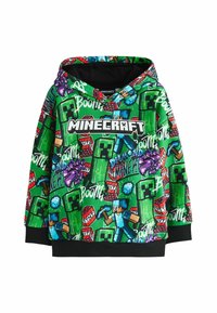Zielona bluza Minecraft z pixelowanymi postaciami, Creeperami, blokami TNT, kilofami oraz tekstami takimi jak "Boom" i "Górnik Diamentów" na tkaninie.