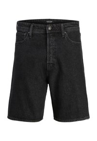 Zwarte denim shorts met een rechte snit, vijf-pocket ontwerp, ritsgulp en een metalen knoopsluiting. Gladde textuur met subtiele vervaging.