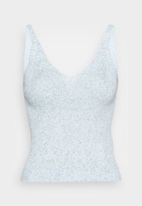 Vaaleansininen ribattu tanktoppi, jossa on syvä V-mallinen kaula-aukko ja ohuet hihnat. Kangas on pehmeä ja istuva siluetti.