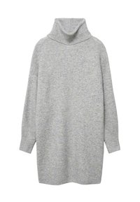 Vaaleanharmaa neulemekko, jossa on korkea pörrökaulus, pitkät hihat, pehmeä neulosmateriaali ja ribbireunat, mikä luo rentoa siluettia.