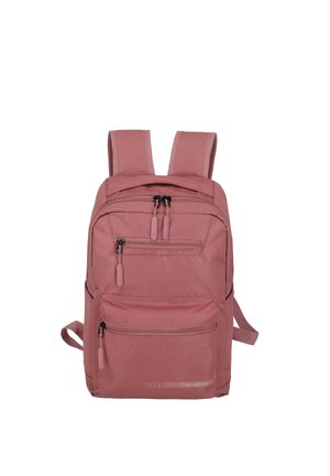 Rosa Stoffrucksack mit gepolsterten Trägern, mehreren Reißverschlusstaschen und strukturierter Oberfläche. Verfügt über eine Markenkennung an der Seite und Reißverschluss-Anhängern.