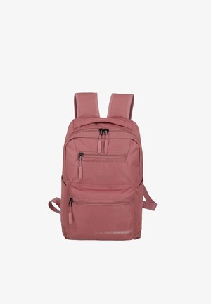 Pink fabric backpack with padded straps, multiple zippered pockets, and textured surface. Features branding on the side and zipper pulls.