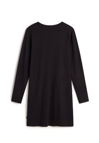 Robe noire à manches longues avec un col rond. Texture lisse, longueur genou, et une couture centrale dans le dos avec un petit logo sur le poignet.