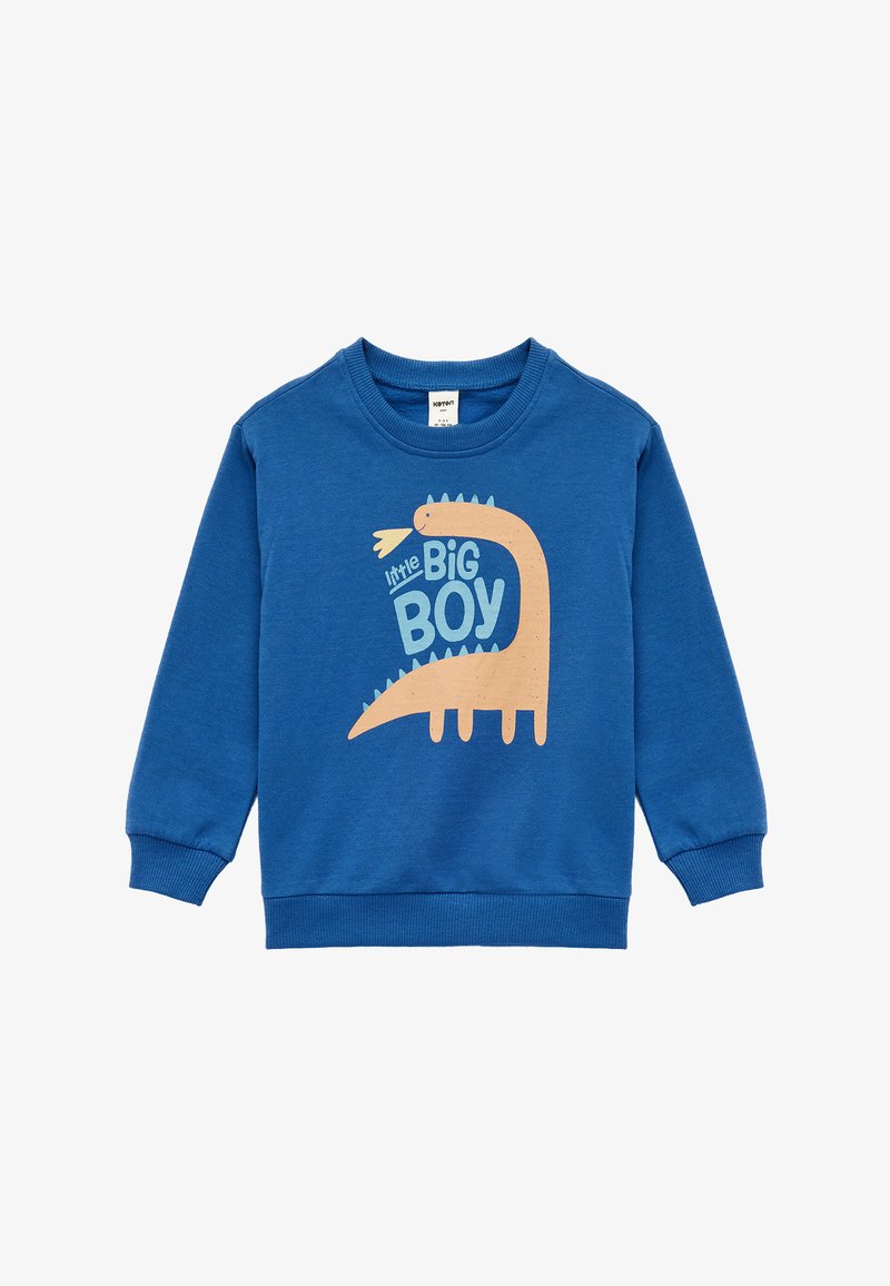 Sudadera azul con un gráfico de dinosaurio en beige, que presenta el texto "little BIG BOY" en azul. Material de algodón, con puños y cuello de canalé.