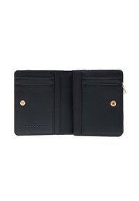 Zwarte leren portemonnee met meerdere kaartsleuven, een ritssluitingvak en een gouden drukknoopsluiting. Gladde textuur zonder zichtbare patronen.