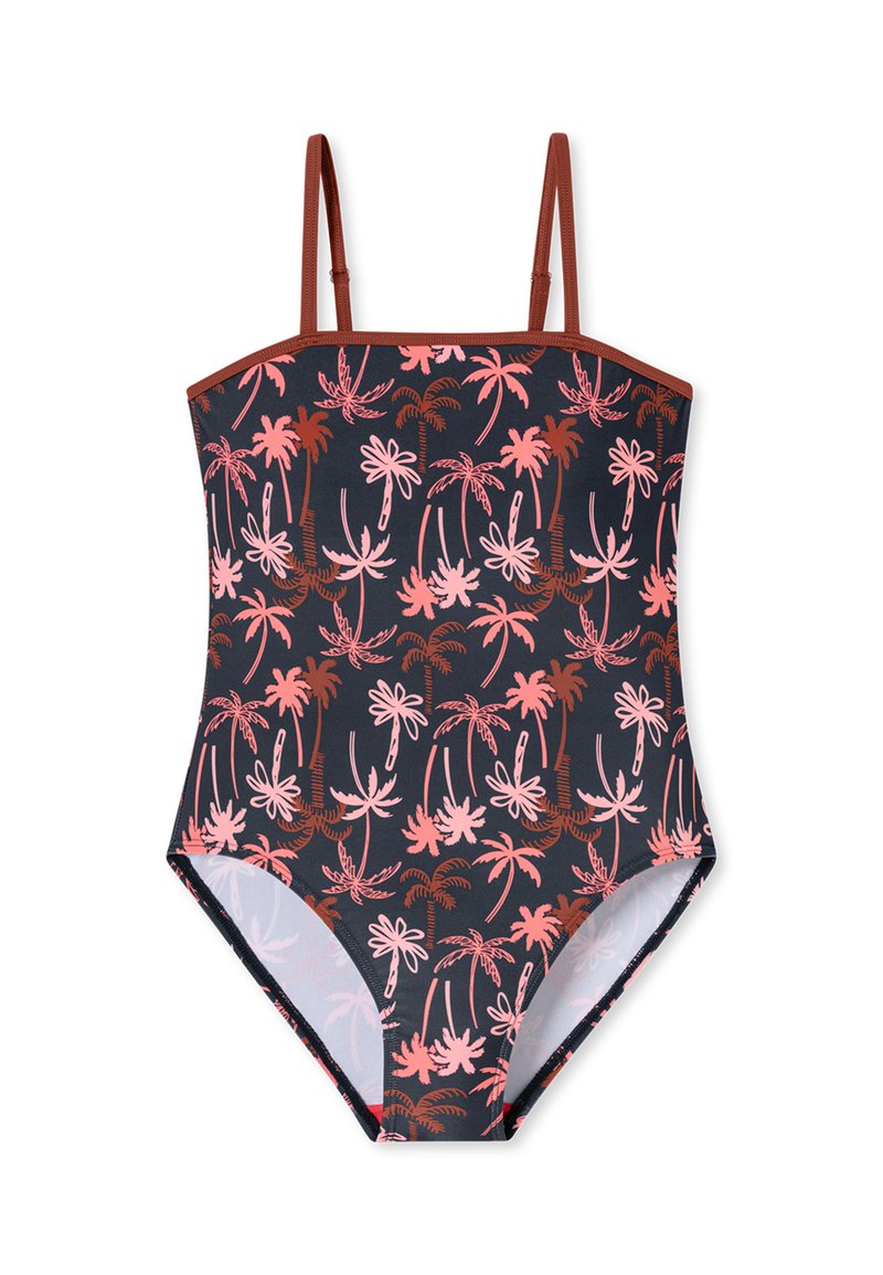 Én-stykke badedragt med marineblå baggrund, der har mønstre af pink og brune palmer. Tynde stropper, glat stof og en tætsiddende pasform.
