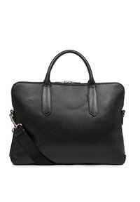 Borsa a mano in pelle nera con superficie testurizzata, manici superiori doppi e tracolla removibile. Chiusura con zip sulla parte superiore.