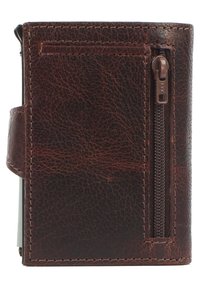 Brown leather wallet with a textured finish, features a side zipper, card slot on the front, and contrasting stitching along the edges.