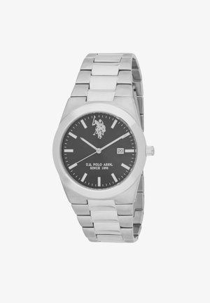 Orologio in acciaio inox argento con quadrante nero, indicatori delle ore bianchi, display della data a tre ore e logo di un giocatore di polo.