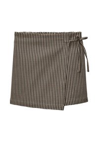 Jupe portefeuille écossaise marron et beige avec un détail de nœud sur le côté, disposée à plat sur un fond blanc.