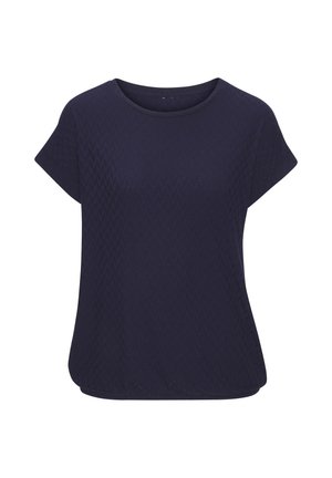 Marineblaue Kurzarmbluse mit subtiler diamantförmiger Steppstruktur, rundem Ausschnitt und weiter Passform.