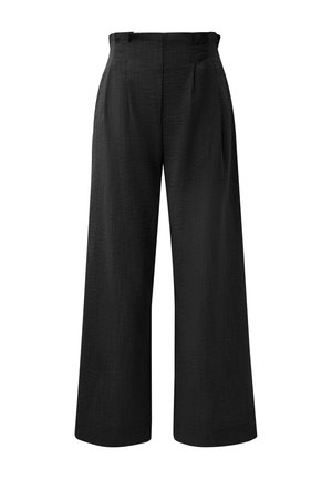 High-waist black wide-leg trousers with front pleats and a concealed waistband closure, displayed against a white background.