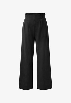 High-waist black wide-leg trousers with front pleats and a concealed waistband closure, displayed against a white background.