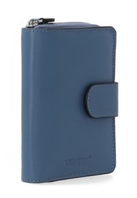 Blåt læderpung med tekstureret overflade, lynlås og trykknaplukning. Har diskrete syninger og logo på forsiden.