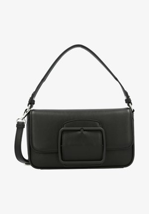 Czarna prostokątna skórzana torebka z dużą ozdobną klamrą na przedniej klapie oraz regulowanym paskiem na ramię.