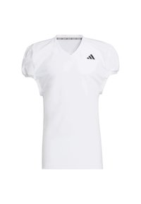 Camiseta deportiva blanca con mangas cortas abombadas, escote en V y logo negro de Adidas en la parte superior izquierda. Confeccionada en material suave y ligero.