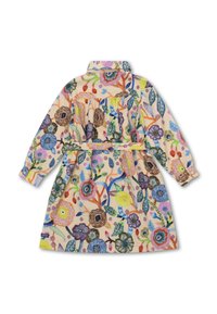 Bloemenjurk met kraag en lange mouwen, gemaakt van beige stof versierd met kleurrijke geborduurde bloemen en bladeren. Voorzien van een bijpassende riem.