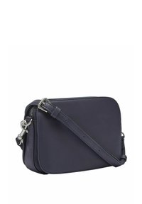 Borsa a tracolla compatta in pelle blu navy con tracolla regolabile, accessori in argento e scomparto principale con zip.