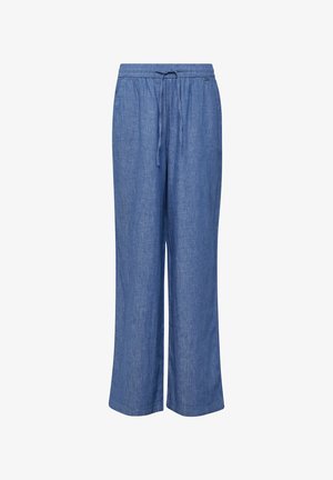 Niebieskie lekkie lniane spodnie z elastycznym paskiem i sznurkiem, szerokie nogawki i subtelna faktura.