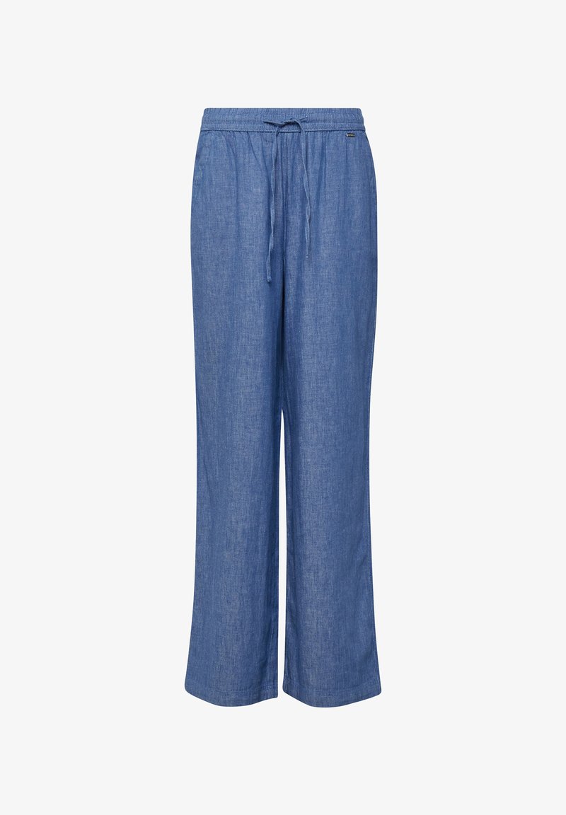 Blauwe lichte linnen broek met elastische tailleband en trekkoord, wijd uitlopende pijpen en subtiele textuur.