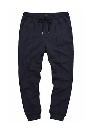 Navy Sweathosen aus weichem Material, mit elastischem Bund und Kordelzug, Seitentaschen und gerippten Bündchen an den Beinen.