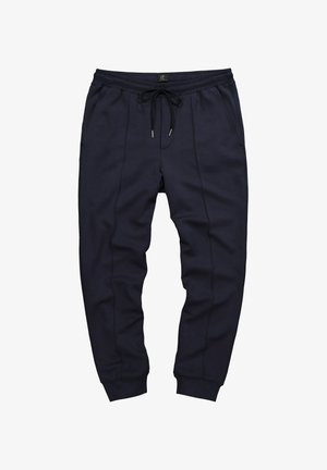 Pantalones de chándal azul marino hechos de tejido suave, con una cintura elástica con cordón, bolsillos laterales y puños acanalados en los tobillos.