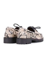 Textured, beige and black snake print shoes with black rubber soles and laces. Features include a rounded toe and decorative accents.