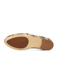 Geweven bovenmateriaal in meerdere kleuren met een platte zool. Gladde bruine rubberen buitenzool en neutrale middenzool. Rond neusontwerp.