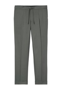 Tmavě zelené kalhoty z hladké látky, s páskem na zavazování v pase, záhyby a ohrnutými manžetami na spodním okraji.