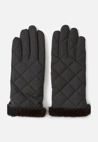 Schwarze gesteppte Handschuhe mit einem Diamantmuster, versehen mit einem weichen schwarzen Pelzsaum am Handgelenk. Hergestellt aus isoliertem Material für Wärme.