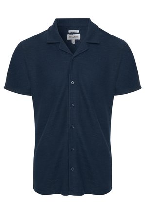 Chemise courte à manches en bleu marine avec un tissu texturé, col cranté et six boutons à l'avant. Design à coupe régulière.