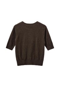 Brown knit sweater with three-quarter sleeves, round neckline, and ribbed hem. Soft texture, casual design, no additional patterns or accents.