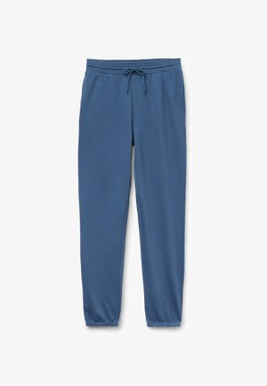 Pantaloni felpati blu con vita elastica e cordoncino, tasche laterali e polsini elastici alla caviglia.