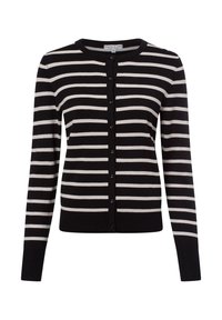 Zwart-witte gestreepte cardigan met een ronde halslijn, lange mouwen en een knoopsluiting aan de voorkant. Gemaakt van een zachte, gebreide stof.