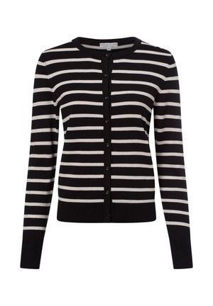 Gestreifter Cardigan in Schwarz und Weiß mit rundem Halsausschnitt, langen Ärmeln und vorderer Knopfleiste. Hergestellt aus einem weichen, gestrickten Stoff.