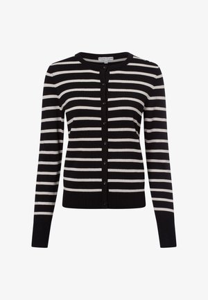 Black and white striped cardigan with a round neckline, long sleeves, and front button closure. Made from a soft, knitted fabric.
