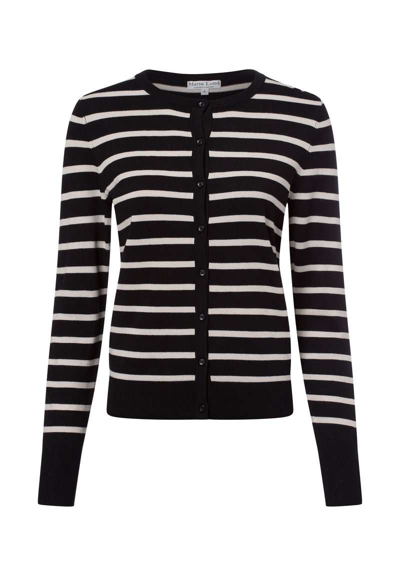 Zwart-witte gestreepte cardigan met een ronde halslijn, lange mouwen en een knoopsluiting aan de voorkant. Gemaakt van een zachte, gebreide stof.