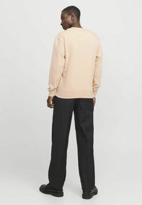 Perzikkleurig sweatshirt met geribbelde manchetten en zoom, gedragen met zwarte wijde broek en zwarte schoenen, bekeken vanaf de achterkant.