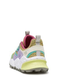 Multicolored sneaker with a mesh upper, lavender, pink, and green accents, textured materials, cushioned heel, and a patterned sole.
