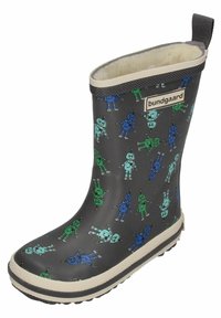 Gray rubber rain boot with white sole, featuring a playful robot pattern in blue and green. Soft lining and pull tab for easy wear.