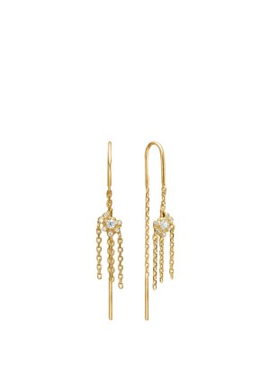Boucles d'oreilles pendantes en or avec un petit bouquet en forme de fleur de pierres blanches et trois fines pampilles en chaîne suspendues en dessous.