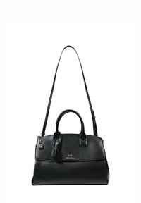 Black leather handbag with dual handles, detachable shoulder strap, gold hardware, and a front closure featuring a branded emblem.