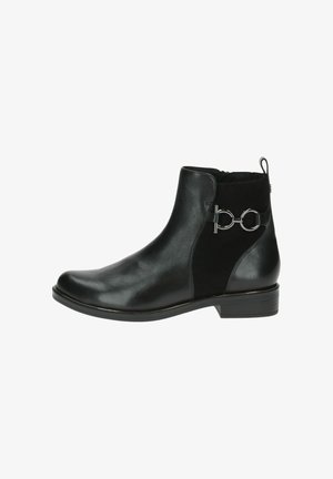 Bottines noires en cuir lisse et en daim, avec une fermeture éclair sur le côté, un bout arrondi et un petit talon bloc avec des détails en métal.
